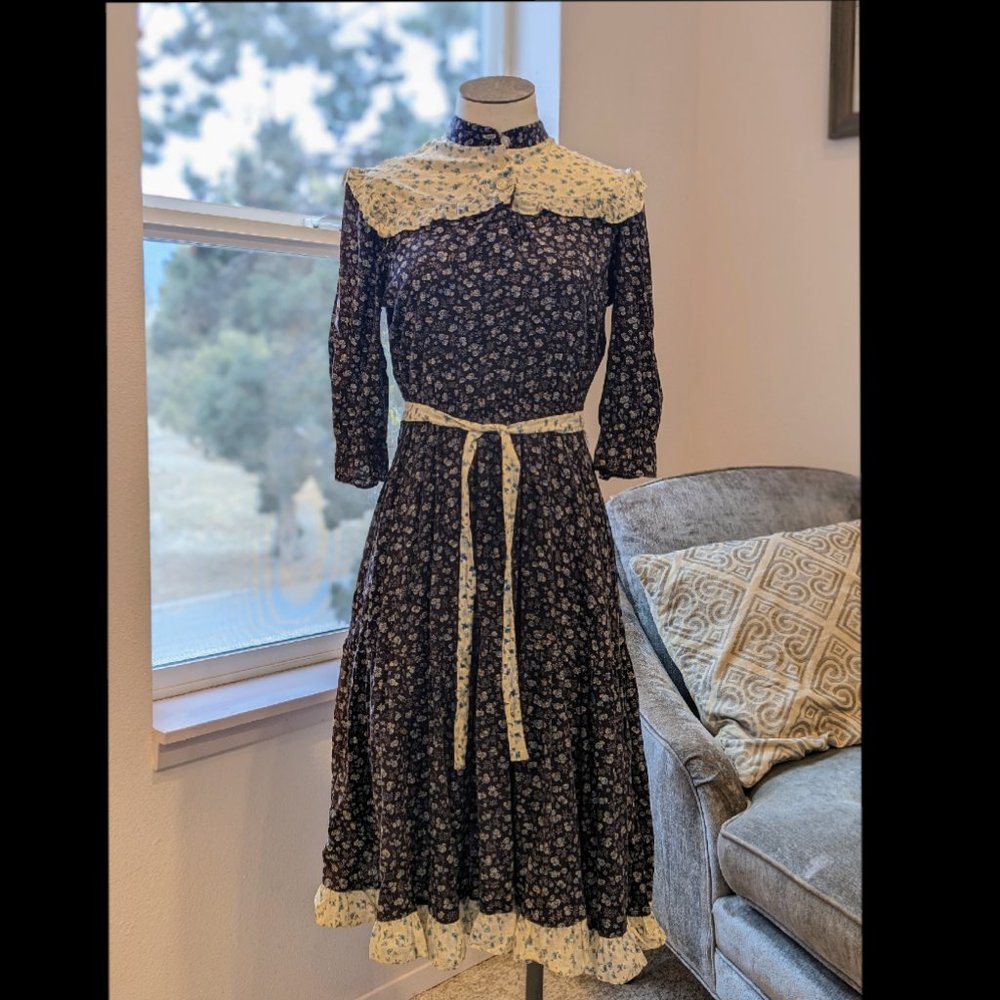 Vintage Prairie Farm Western Cottage Core Floral Dress w button neck, full skirt